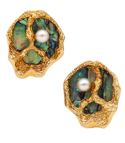 -Gubelin 1960 Gilbert Albert Organic Earrings In 18Kt Gold With Abalone Shell And Pearls