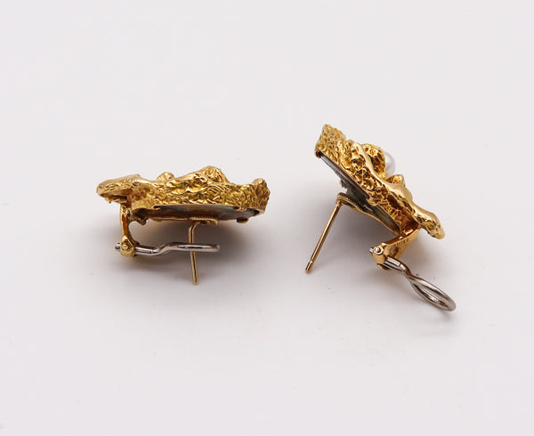 -Gubelin 1960 Gilbert Albert Organic Earrings In 18Kt Gold With Abalone Shell And Pearls