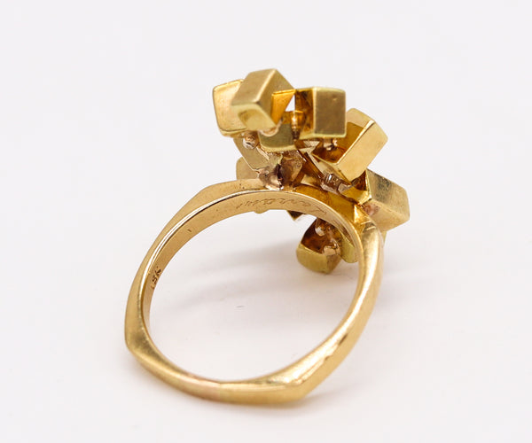 Alfred Karram 1970 Brutalist Geometric Cubic Ring In 18 Kt Gold With Diamonds