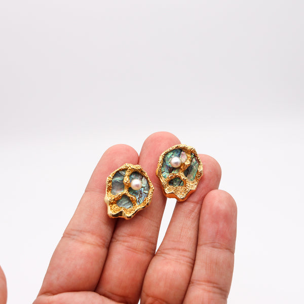 -Gubelin 1960 Gilbert Albert Organic Earrings In 18Kt Gold With Abalone Shell And Pearls