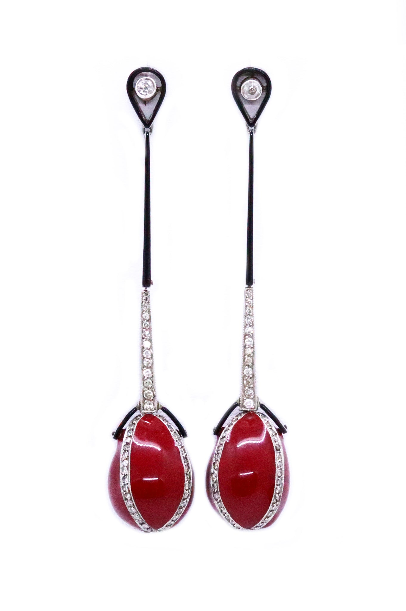 ART DECO PLATINUM EARRINGS, RED & BLACK ENAMEL WITH DIAMONDS