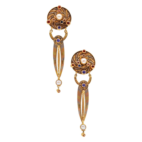 VICKI EISENFELD Studio Rare Mokume Drop Earrings In 22Kt Gold With Gemstones