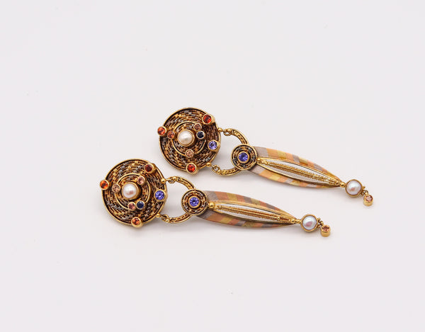 VICKI EISENFELD Studio Rare Mokume Drop Earrings In 22Kt Gold With Gemstones