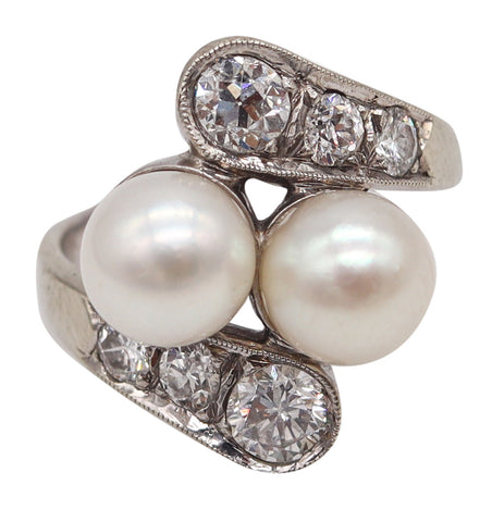 (S)Art Deco 1930 Toi Et Moi Pearls Cocktail Ring In 14Kt White Gold With 1.08 Cts In Diamonds
