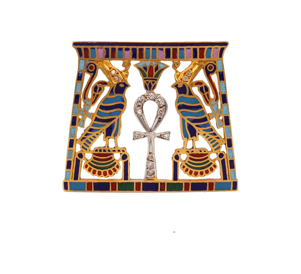 -French 1930 Art Deco Egyptian Revival Necklace in 18Kt Gold With Cloisonne And Diamonds