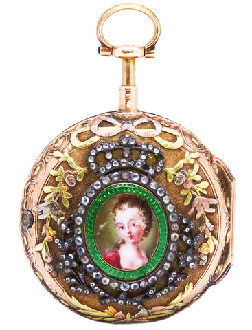 LEPAUTE PARIS 18 KT GOLD 1798 JEWELED ENAMELED POCKET WATCH FRENCH ROYAL PROVENANCE