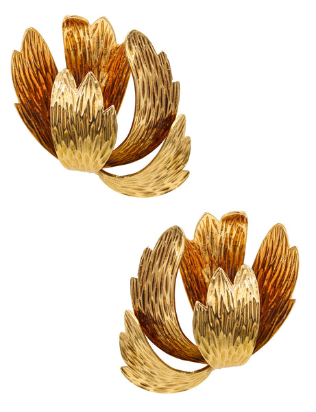 French 1970 Paris Modernist Textured Leaves Earrings In Solid 18Kt Yellow Gold