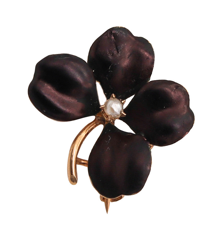 -Art Nouveau Edwardian 1905 Black Flower Enameled Pendant Brooch In 10Kt Gold With Natural Pearl