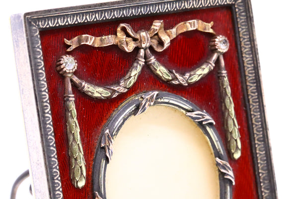 Henrik Wigström Russia Imperial 1915 Red Enamel Picture Frame In Gilded Sterling With Diamonds