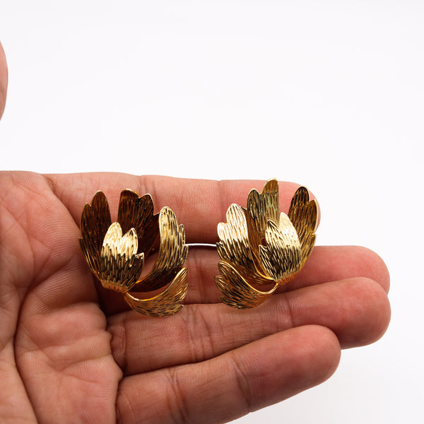 French 1970 Paris Modernist Textured Leaves Earrings In Solid 18Kt Yellow Gold