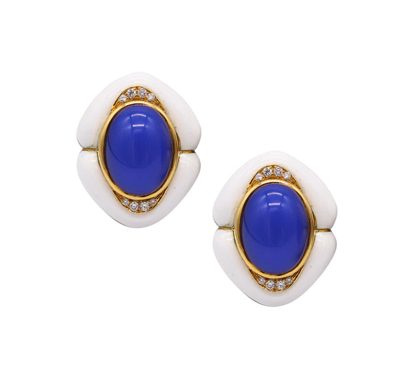 Andrew Clunn Enameled Clips Earrings In 18Kt Yellow Gold With 22.15 Cts In Diamonds & Blue Chalcedony