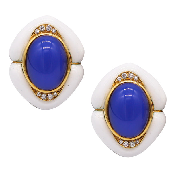 Andrew Clunn Enameled Clips Earrings In 18Kt Yellow Gold With 22.15 Cts In Diamonds & Blue Chalcedony