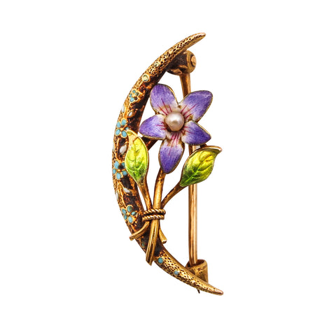 -Krementz 1905 Art Nouveau Flower Enameled Pin Brooch in 18Kt Gold With Natural Pearl