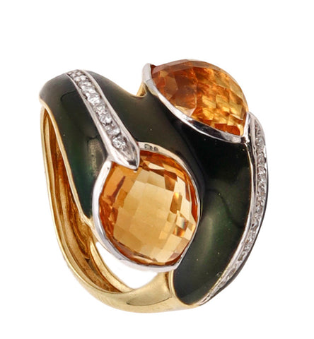 Fred Of Paris 1970 Cocktail Ring In 18Kt Gold With Diamonds Citrines And Green Enamel