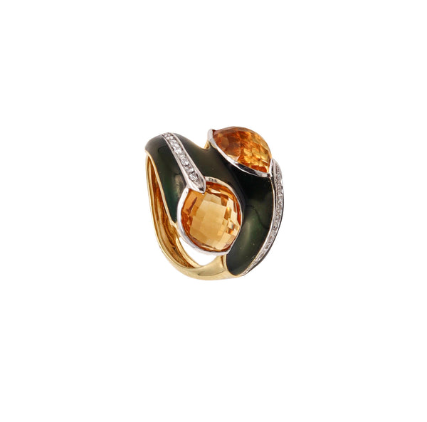 Fred Of Paris 1970 Cocktail Ring In 18Kt Gold With Diamonds Citrines And Green Enamel