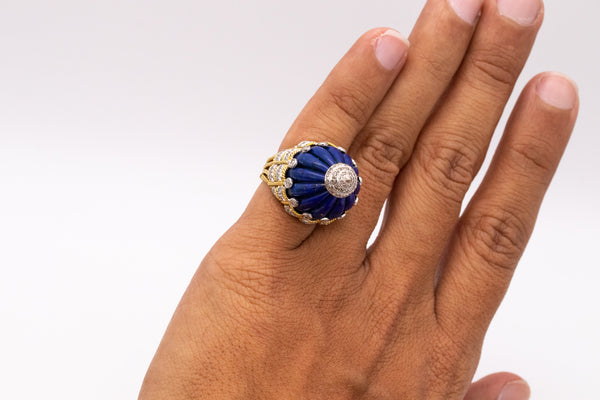 *Italian Mid-century 1960's cocktail ring in 18 kt yellow gold with 26.09 Cts of lapis and diamonds
