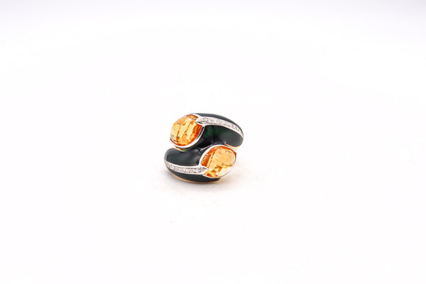 Fred Of Paris 1970 Cocktail Ring In 18Kt Gold With Diamonds Citrines And Green Enamel