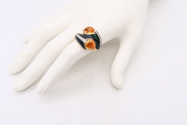 Fred Of Paris 1970 Cocktail Ring In 18Kt Gold With Diamonds Citrines And Green Enamel