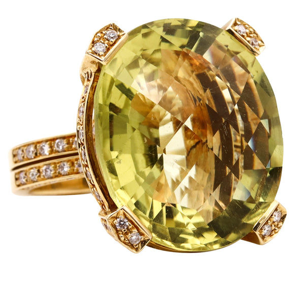 Favero Italy Oversized Cocktail Ring In 18Kt Yellow Gold With 38.08 Cts Green Topaz And Diamonds
