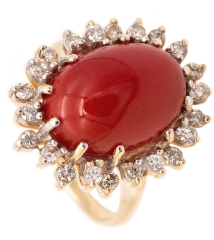 ITALIAN COCKTAIL RING IN 14 KT GOLD WITH 7.66 Ctw IN DIAMONDS AND RED CORAL