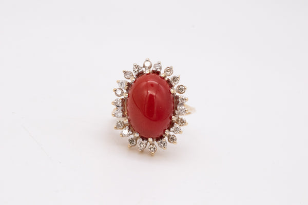ITALIAN COCKTAIL RING IN 14 KT GOLD WITH 7.66 Ctw IN DIAMONDS AND RED CORAL