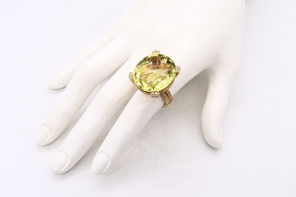 Favero Italy Oversized Cocktail Ring In 18Kt Yellow Gold With 38.08 Cts Green Topaz And Diamonds