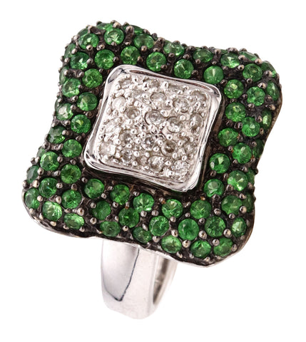 Modern Italian Ring In 18Kt White Gold With 1.71 Cts In Diamonds And Tsavorites