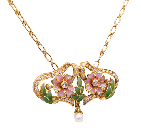 -Masriera Art Nouveau Plique à Jour Enamel Necklace In 18Kt Yellow Gold With VS Diamonds