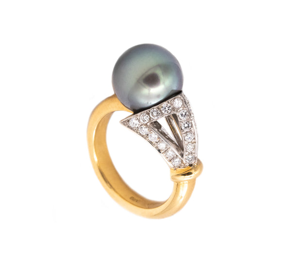 (S)Oscar Heyman And Brothers NYC 18Kt Yellow Gold Ring With VS Diamonds And Tahitian Pearl