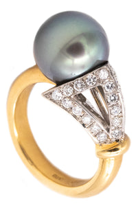 (S)Oscar Heyman And Brothers NYC 18Kt Yellow Gold Ring With VS Diamonds And Tahitian Pearl