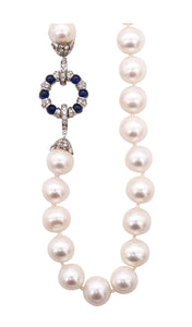 Favero Italy 18Kt White Gold Necklace With Akoya Pearls And 4.74 Cts In Sapphires And Diamonds