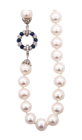 Favero Italy 18Kt White Gold Necklace With Akoya Pearls And 4.74 Cts In Sapphires And Diamonds