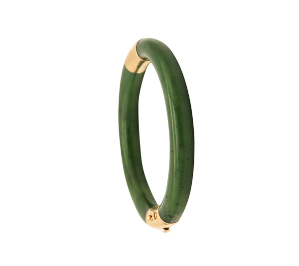 Gumps 1950 Vintage Nephrite Green Jade Bangle Bracelet Mounted In 14Kt Yellow Gold