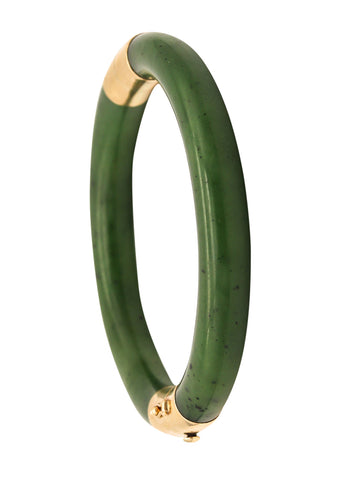 Gumps 1950 Vintage Nephrite Green Jade Bangle Bracelet Mounted In 14Kt Yellow Gold