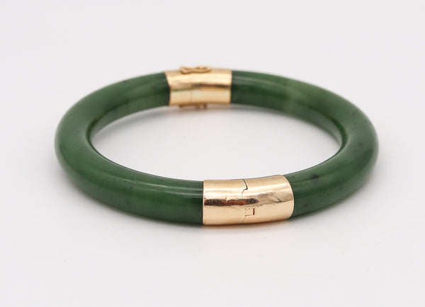 Gumps 1950 Vintage Nephrite Green Jade Bangle Bracelet Mounted In 14Kt Yellow Gold