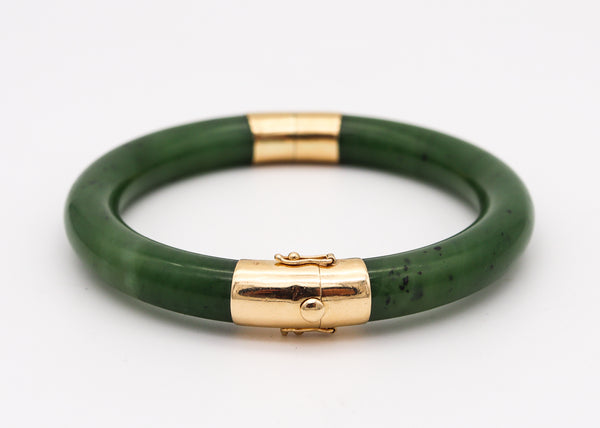 Gumps 1950 Vintage Nephrite Green Jade Bangle Bracelet Mounted In 14Kt Yellow Gold