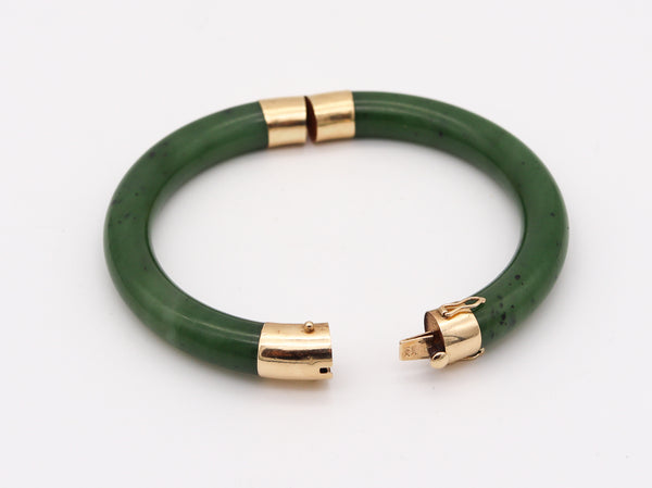 Gumps 1950 Vintage Nephrite Green Jade Bangle Bracelet Mounted In 14Kt Yellow Gold