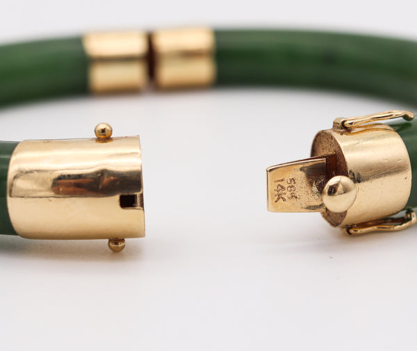 Gumps 1950 Vintage Nephrite Green Jade Bangle Bracelet Mounted In 14Kt Yellow Gold