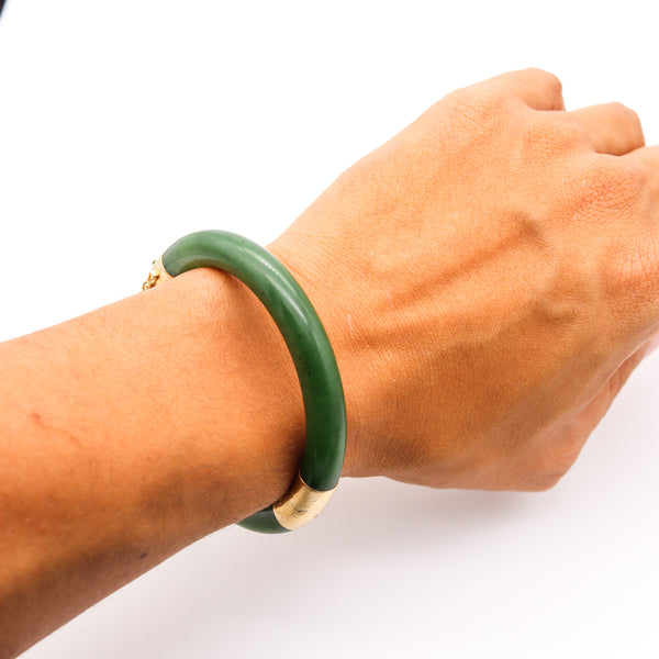 Gumps 1950 Vintage Nephrite Green Jade Bangle Bracelet Mounted In 14Kt Yellow Gold