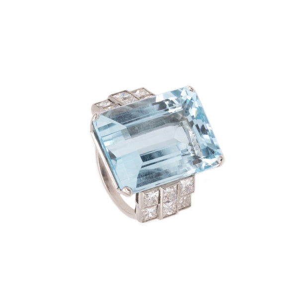 (S)Platinum 1940 Art Deco Classic Ring With 28.44 Cts In Aquamarine And Diamonds