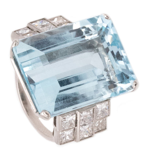 (S)Platinum 1940 Art Deco Classic Ring With 28.44 Cts In Aquamarine And Diamonds