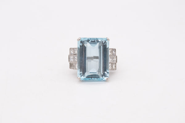 (S)Platinum 1940 Art Deco Classic Ring With 28.44 Cts In Aquamarine And Diamonds