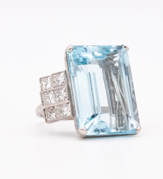 (S)Platinum 1940 Art Deco Classic Ring With 28.44 Cts In Aquamarine And Diamonds