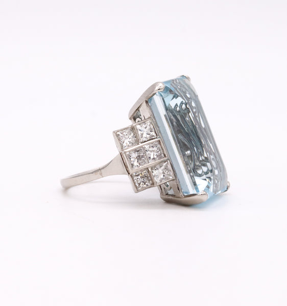 (S)Platinum 1940 Art Deco Classic Ring With 28.44 Cts In Aquamarine And Diamonds