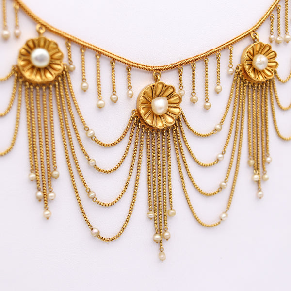 -Victorian 1870 Gorgeous Festoon Fringe Necklace In 18Kt Yellow Gold With Natural Pearls
