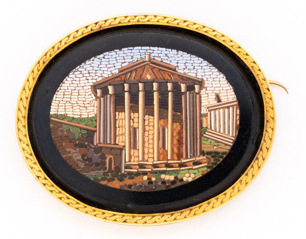 FABULOUS 1880 ROMAN REVIVAL GRAND TOUR MICRO MOSAIC BROOCH IN 18 KT GOLD
