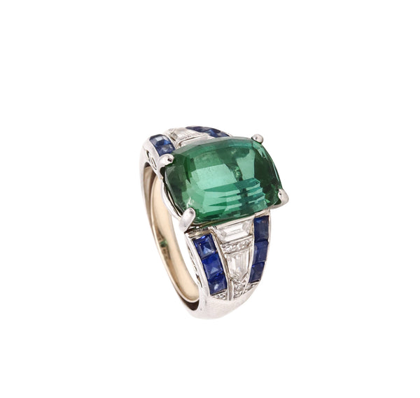 *Art Deco 1940 Platinum cocktail ring with 9.11 Cts in diamonds, sapphire & green tourmaline