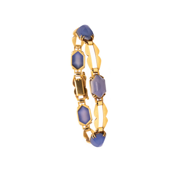 -French 1930 Art Deco Bracelet In 18Kt Yellow Gold With 35 Cts Of Blue Chalcedony