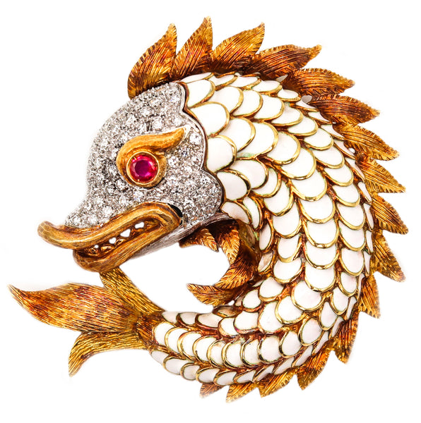 Corletto 1960 Enameled Mythological Fish Brooch In 18Kt Gold & Platinum With 2.87 Cts In Diamonds