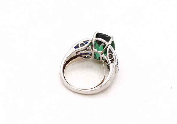 *Art Deco 1940 Platinum cocktail ring with 9.11 Cts in diamonds, sapphire & green tourmaline